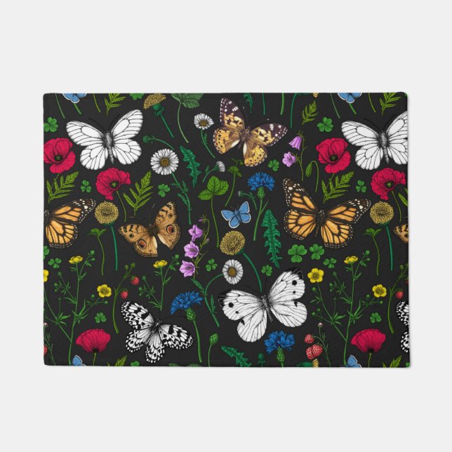 Wild flowers and butterflies on black doormat (Front)