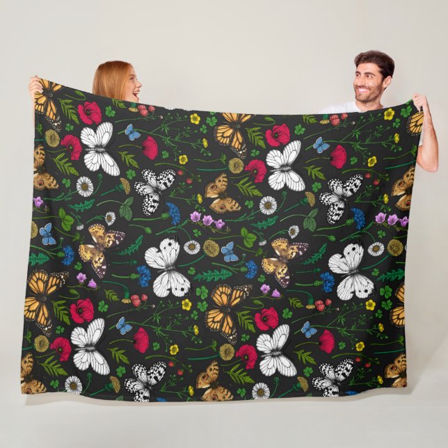 Wild flowers and butterflies on black fleece blanket (In Situ)