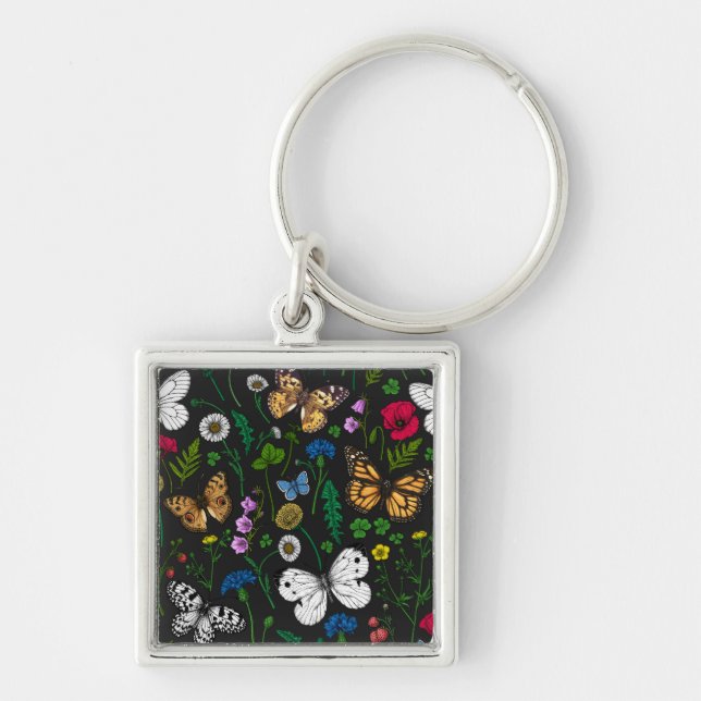 Wild flowers and butterflies on black key ring (Front)