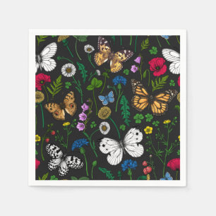 Wild flowers and butterflies on black napkin