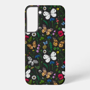 Wild flowers and butterflies on black samsung galaxy case