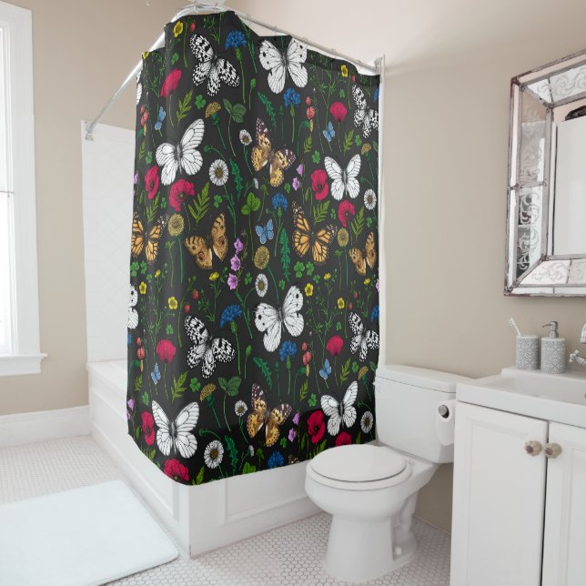 Wild flowers and butterflies on black shower curtain (In Situ)