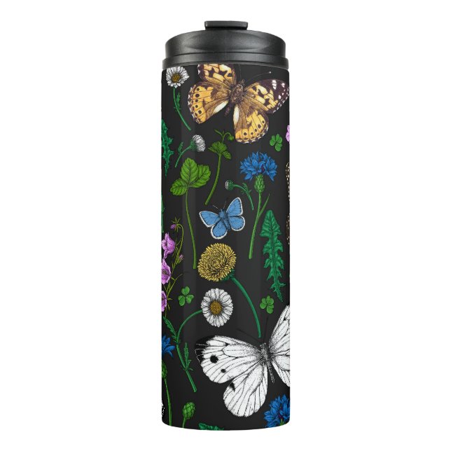 Wild flowers and butterflies on black thermal tumbler (Front)