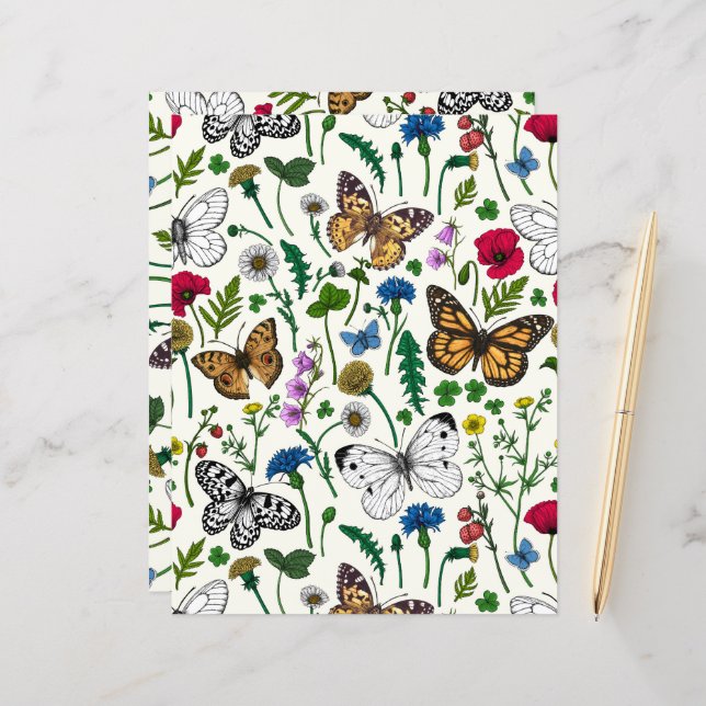 Wild flowers and butterflies on white (Front/Back In Situ)