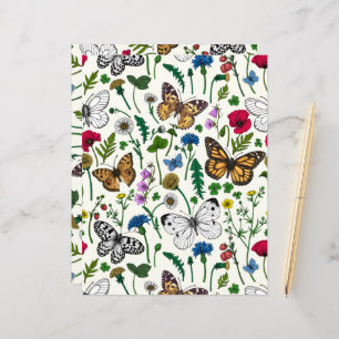 Wild flowers and butterflies on white