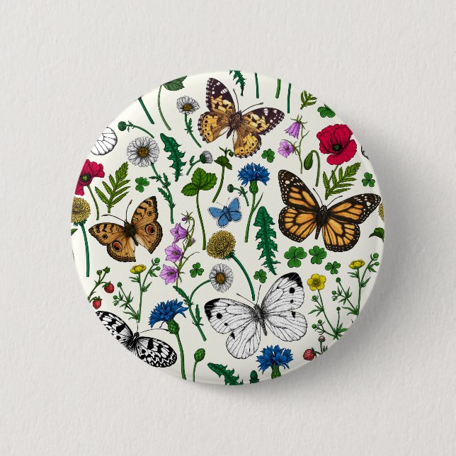 Wild flowers and butterflies on white 6 cm round badge (Front)