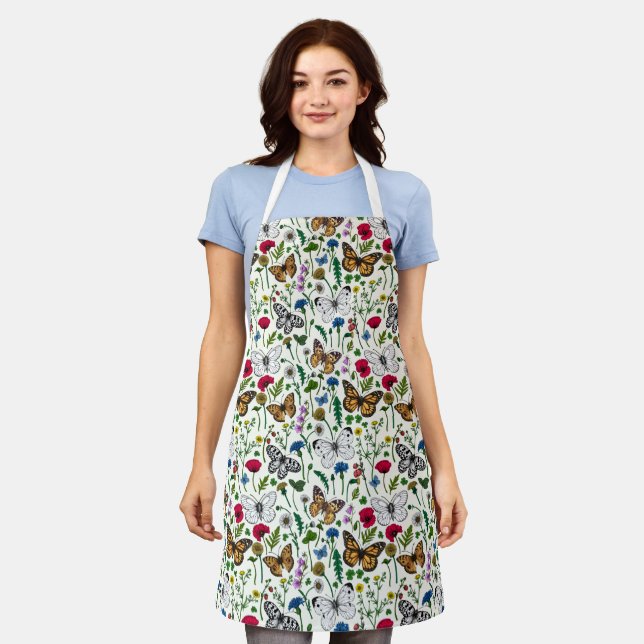 Wild flowers and butterflies on white apron (Worn)