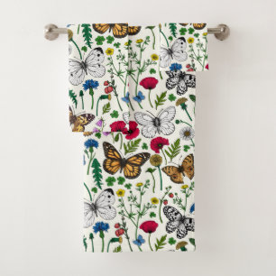 Wild flowers and butterflies on white bath towel set