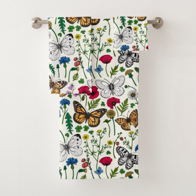 Wild flowers and butterflies on white bath towel set (Insitu)