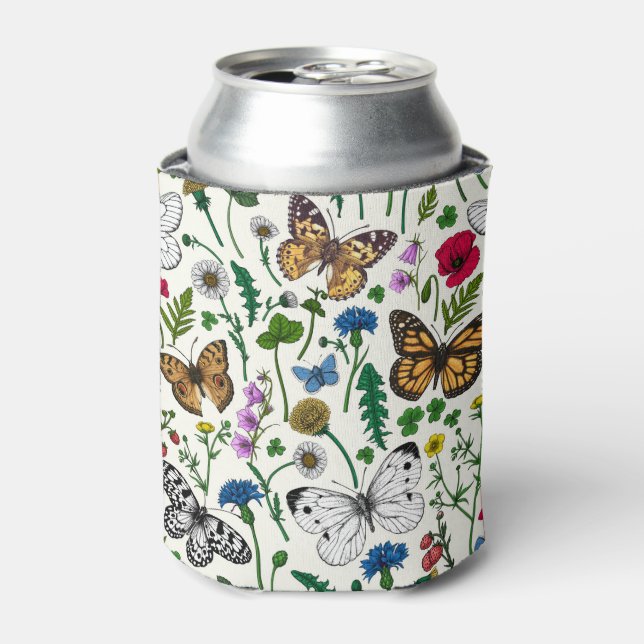 Wild flowers and butterflies on white can cooler (Can Front)