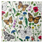 Wild flowers and butterflies on white ceramic tile<br><div class="desc">Hand-painted collection of various butterflies and wild flowers.</div>