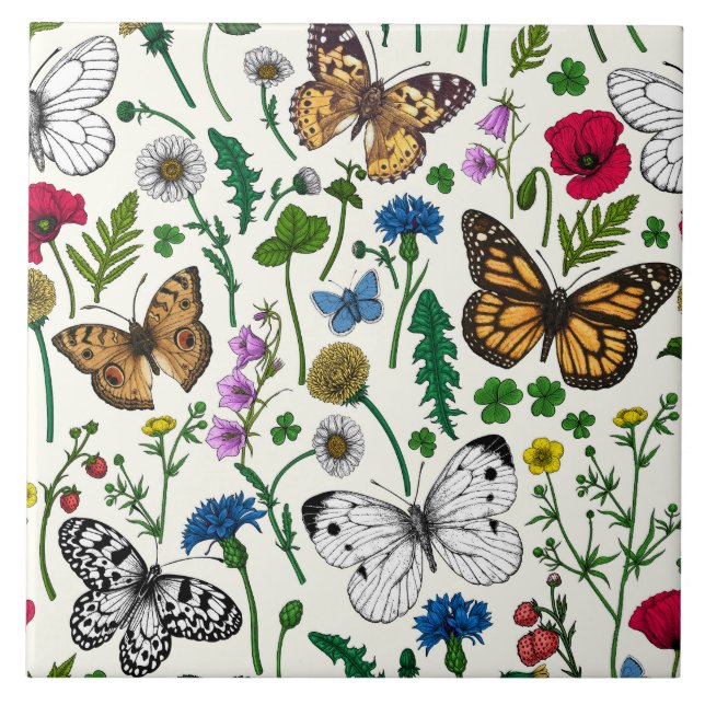 Wild flowers and butterflies on white ceramic tile (Front)