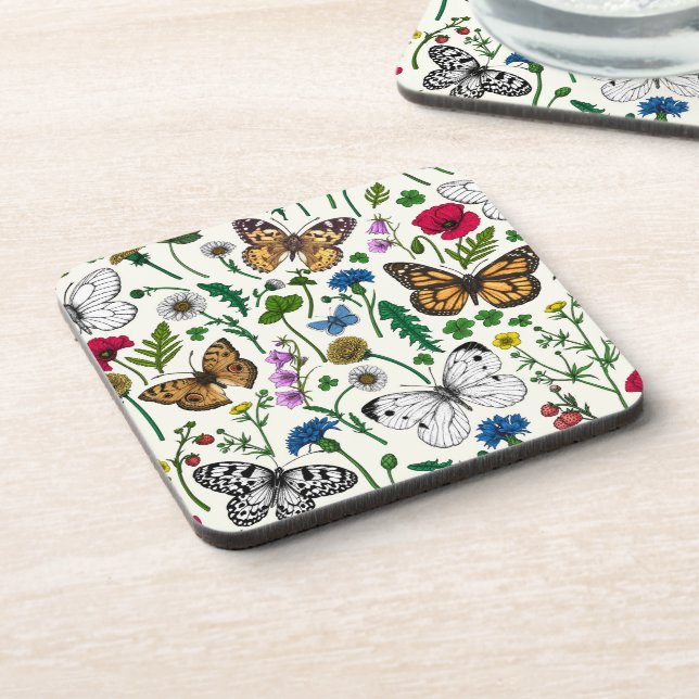 Wild flowers and butterflies on white coaster (Left Side)