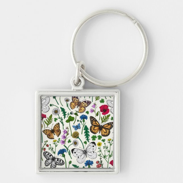 Wild flowers and butterflies on white key ring (Front)