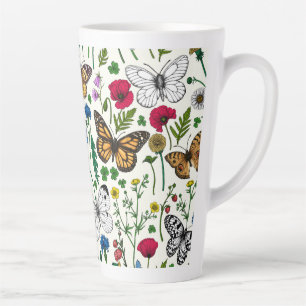 Wild flowers and butterflies on white latte mug