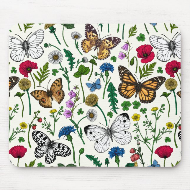 Wild flowers and butterflies on white mouse pad (Front)