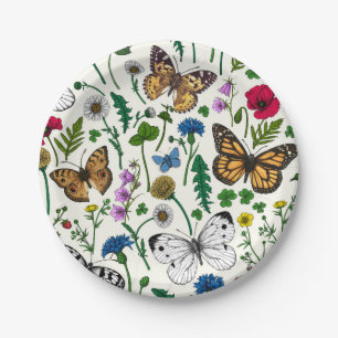 Wild flowers and butterflies on white paper plate