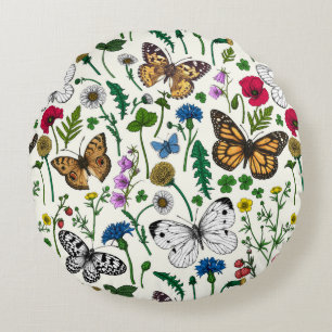 Wild flowers and butterflies on white round cushion