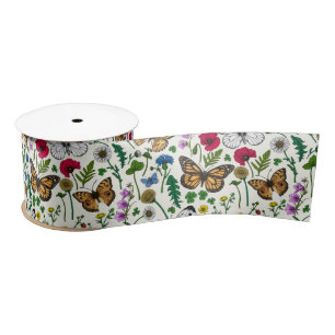 Wild flowers and butterflies on white satin ribbon