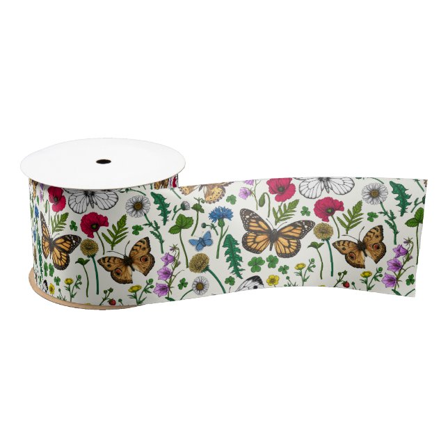 Wild flowers and butterflies on white satin ribbon (Spool)
