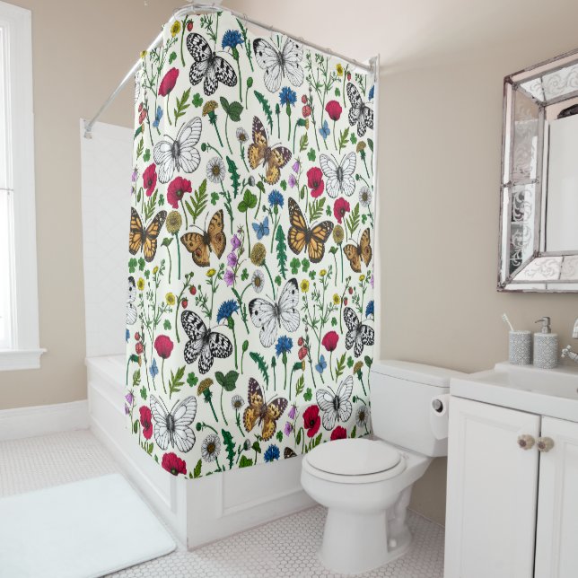 Wild flowers and butterflies on white shower curtain (In Situ)