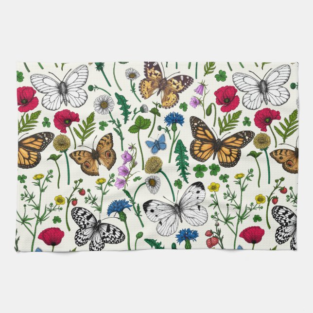 Wild flowers and butterflies on white tea towel (Horizontal)