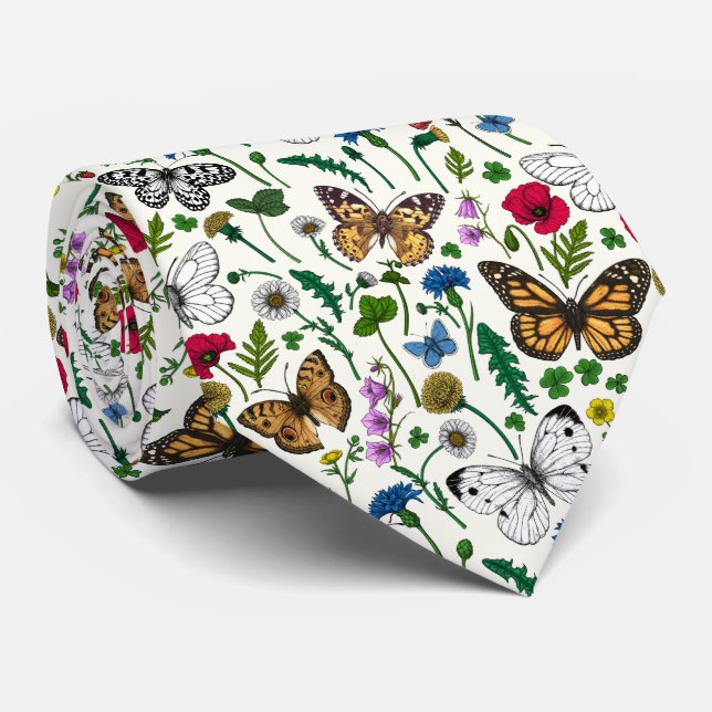 Wild flowers and butterflies on white tie (Rolled)