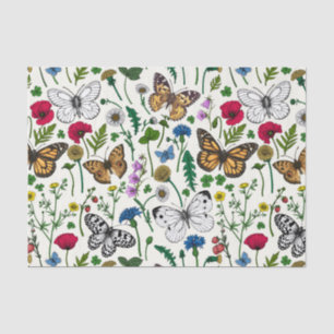 Wild flowers and butterflies on white tissue paper