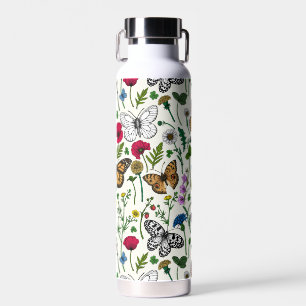 Wild flowers and butterflies on white water bottle