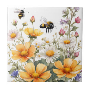 Wild Flowers and Honey Bees Watercolor Ceramic Tile