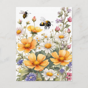 Wild Flowers and Honey Bees Watercolor Postcard