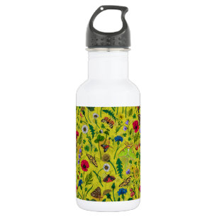Wild flowers and moths on green 532 ml water bottle
