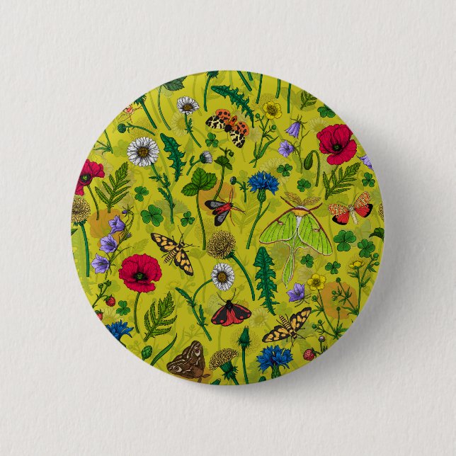 Wild flowers and moths on green 6 cm round badge (Front)