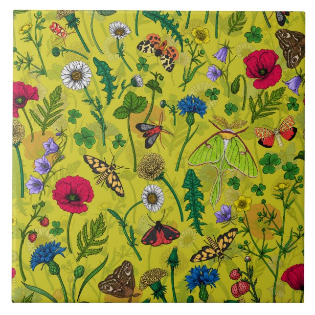 Wild flowers and moths on green ceramic tile (Front)