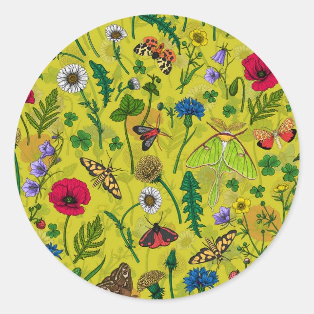 Wild flowers and moths on green classic round sticker (Front)