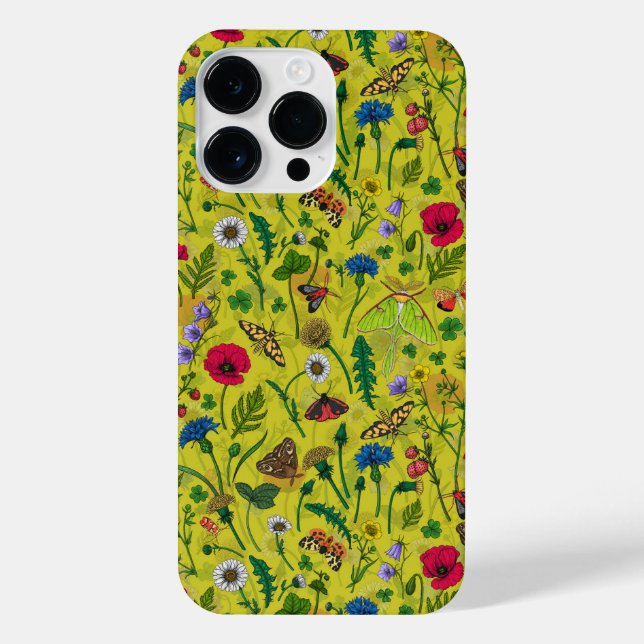 Wild flowers and moths on green iPhone case (Back)