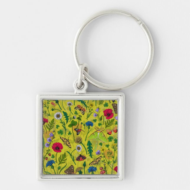 Wild flowers and moths on green key ring (Front)