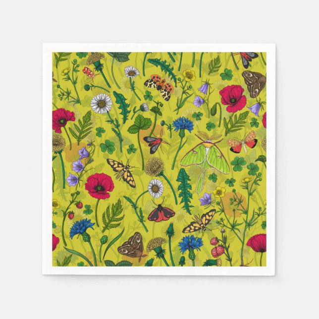 Wild flowers and moths on green napkin (Front)