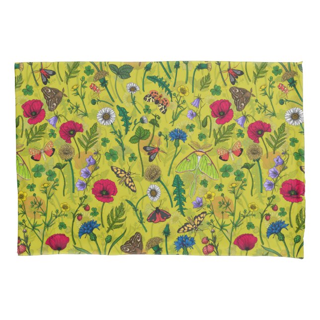 Wild flowers and moths on green pillowcase (Front-Left)
