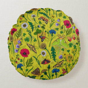 Wild flowers and moths on green round cushion