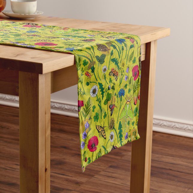Wild flowers and moths on green short table runner (In Situ)