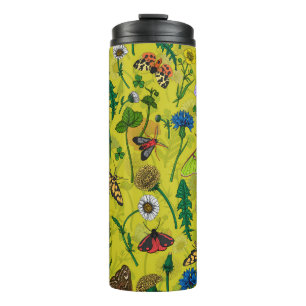 Wild flowers and moths on green thermal tumbler