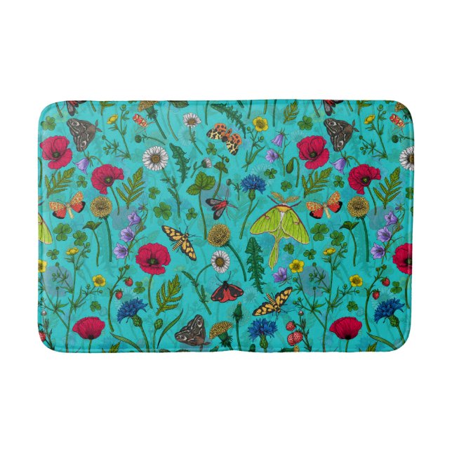 Wild flowers and moths on teal bath mat (Front)