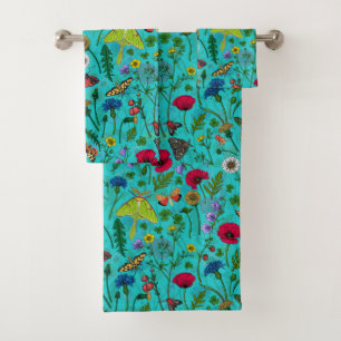 Wild flowers and moths on teal bath towel set