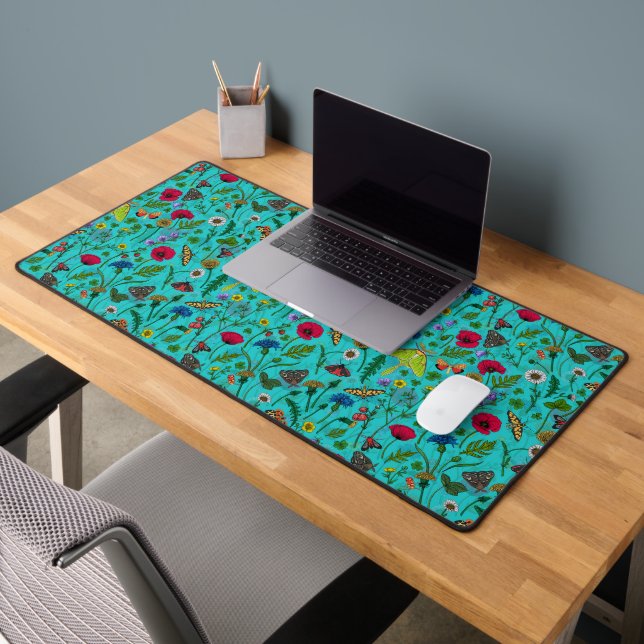 Wild flowers and moths on teal desk mat (Office 2)