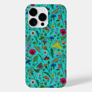 Wild flowers and moths on teal iPhone 14 pro max case