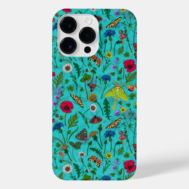 Wild flowers and moths on teal iPhone case (Back)