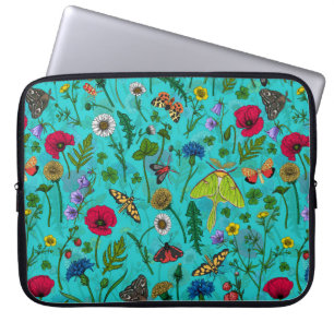 Wild flowers and moths on teal laptop sleeve