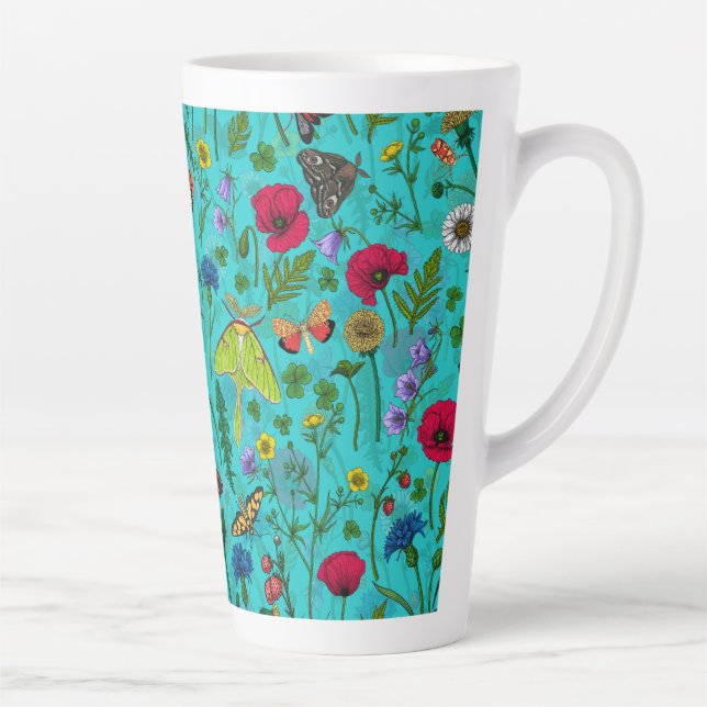 Wild flowers and moths on teal latte mug (Right)