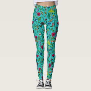 Wild flowers and moths on teal leggings